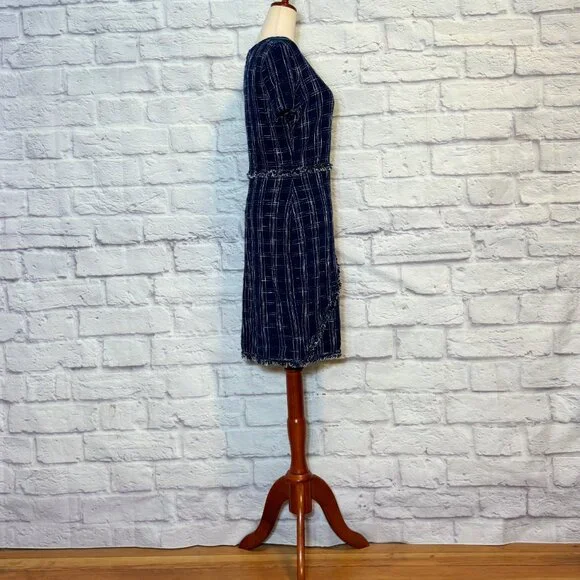St. John Navy Blue & White Wool Blend Knit Plaid Sheath Dress - Picture 3 of 6